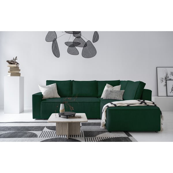 Sötétzöld kordbársony kinyitható sarokkanapé (jobb oldali) Brave Dave – Miuform-image-1
