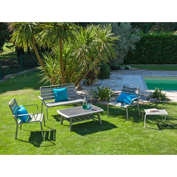 Spring Lounge szürke kerti asztal paddal, székekkel és lábtartókkal - Ezeis
