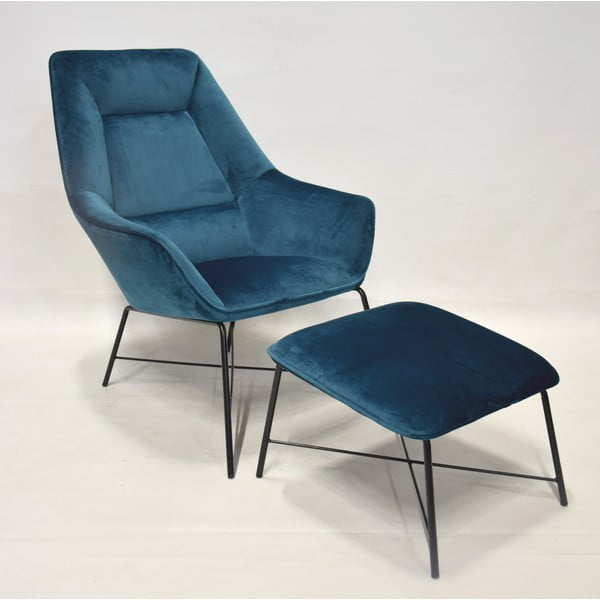 Adele kék bársony fotel, lábtartóval - RGE
