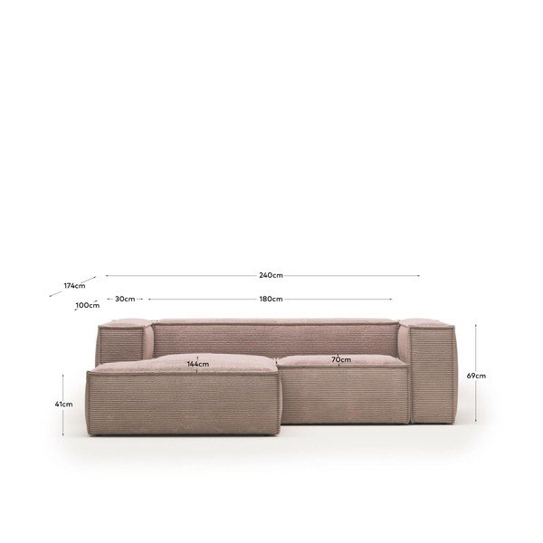 Világos rózsaszín kordbársony sarokkanapé (bal oldali) Blok – Kave Home-image-4