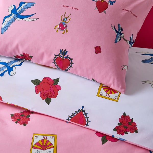 Fehér-rózsaszín kétszemélyes pamut ágyneműhuzat 200x200 cm Mon Coeur – Their Nibs-image-4