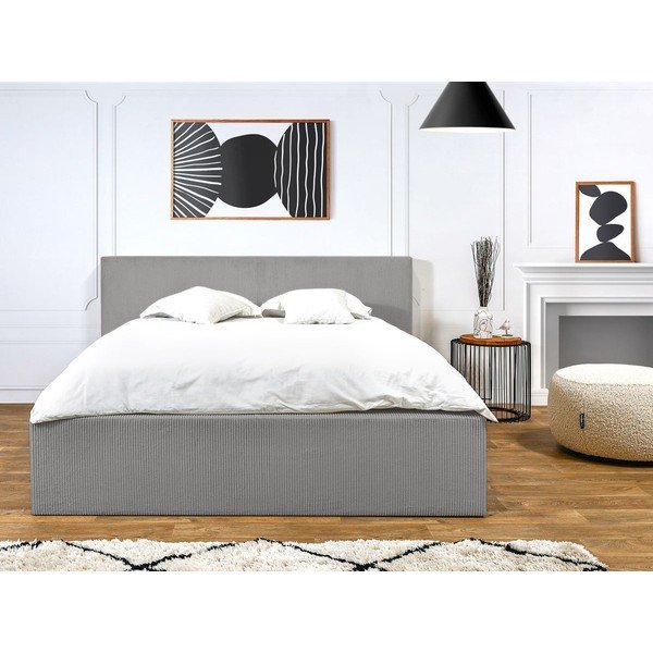 Világosszürke kárpitozott franciaágy tárolóhellyel, ágyráccsal 160x200 cm Nihad – Bobochic Paris-image-2