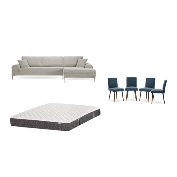Krémszínű jobboldali sarokkanapé, 4 db kék szék, matrac (160 x 200 cm) szett - Home Essentials