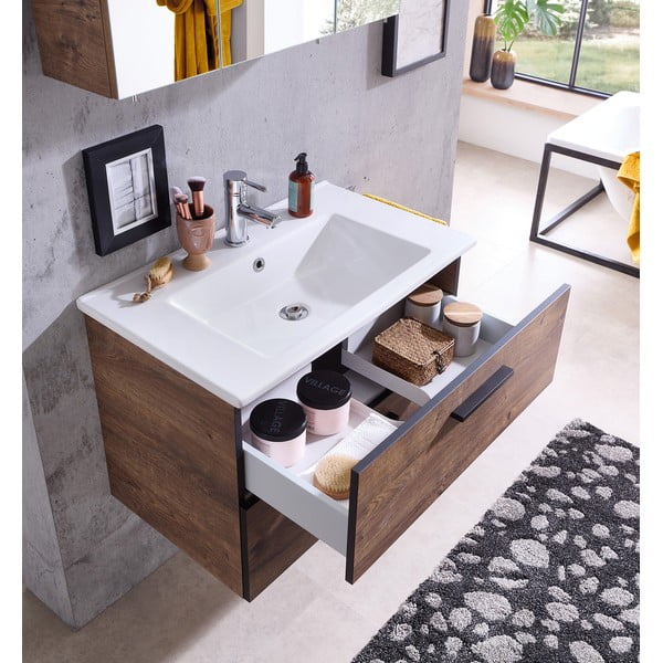 Barna függő szekrény tölgyfa dekorral mosdókagyló nélkül 71x51 cm Set 374 - Pelipal-image-3