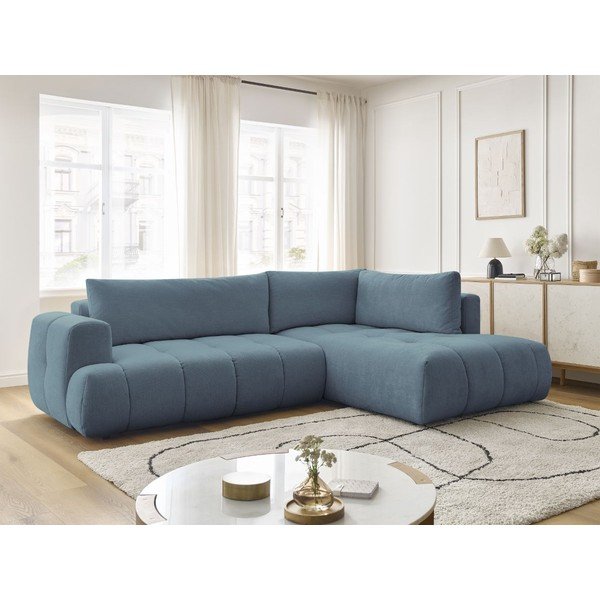 Kék kinyitható-tárolóhelyes sarokkanapé (jobb oldali-L alakú) Fuji – Bobochic Paris-image-1