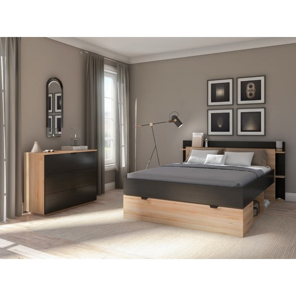 Fekete-natúr színű komód tölgyfa dekorral 100x80x40 cm Dennis – Marckeric-image-1