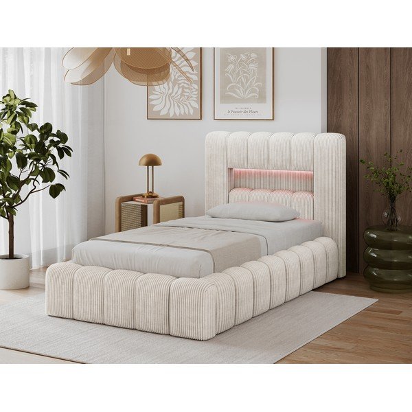 Bézs kárpitozott ágyneműtartós egyszemélyes ágy ágyráccsal 90x200 cm Lamica – ELTAP-image-1