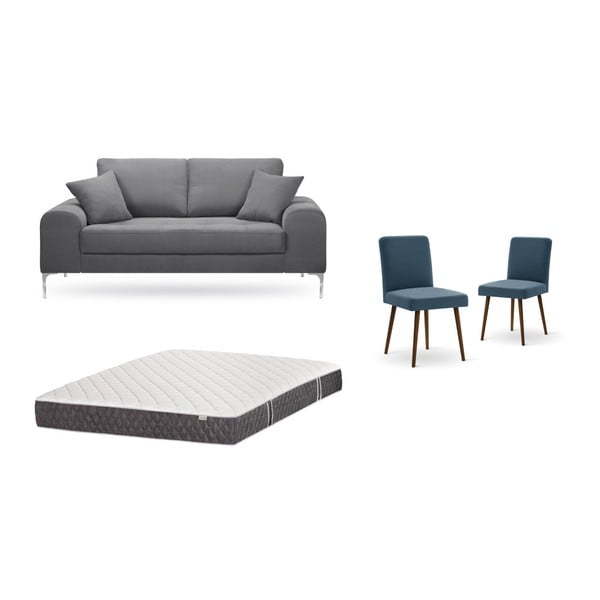 Szürke, kétszemélyes kanapé, 2 db kék szék, matrac (140 x 200 cm) szett - Home Essentials