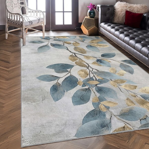 Világoskék-aranyszínű mosható szőnyeg 120x180 cm Golden Leaves – Mila Home-image-3