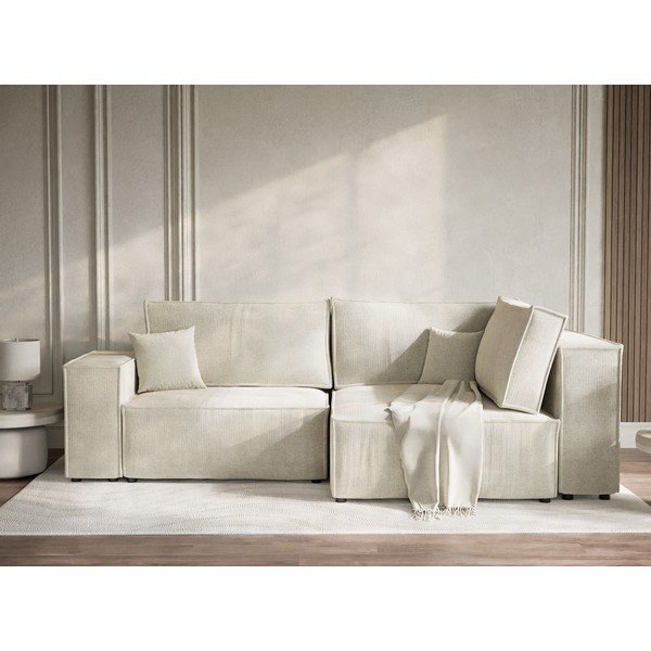 Krémszínű zsenília kinyitható-tárolóhelyes sarokkanapé (jobb oldali-L alakú) Tonga – Maison de Rêve-image-1