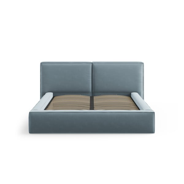 Világoskék bársony kárpitozott ágyneműtartós franciaágy ágyráccsal 180x200 cm Arendal – Cosmopolitan Design-image-3