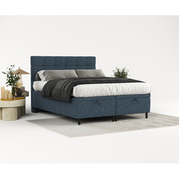 Sötétkék kárpitozott ágyneműtartós franciaágy 180x200 cm Senses – Maison de Rêve-image-1