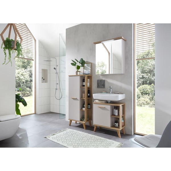 Krémszínű magas fürdőszoba szekrény tölgyfa dekorral 50,5x128 cm Quickset 966 – Pelipal-image-3