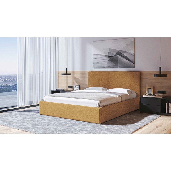 Okkersárga kárpitozott ágyneműtartós franciaágy ágyráccsal 140x200 cm Bufo – MESONICA-image-1