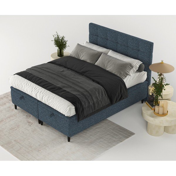 Sötétkék kárpitozott ágyneműtartós franciaágy 180x200 cm Senses – Maison de Rêve-image-3