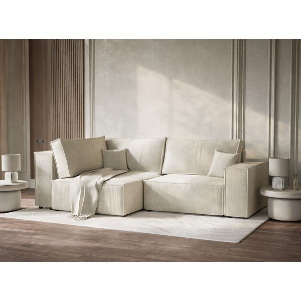 Krémszínű zsenília kinyitható-tárolóhelyes sarokkanapé (bal oldali-L alakú) Tonga – Maison de Rêve-image-4