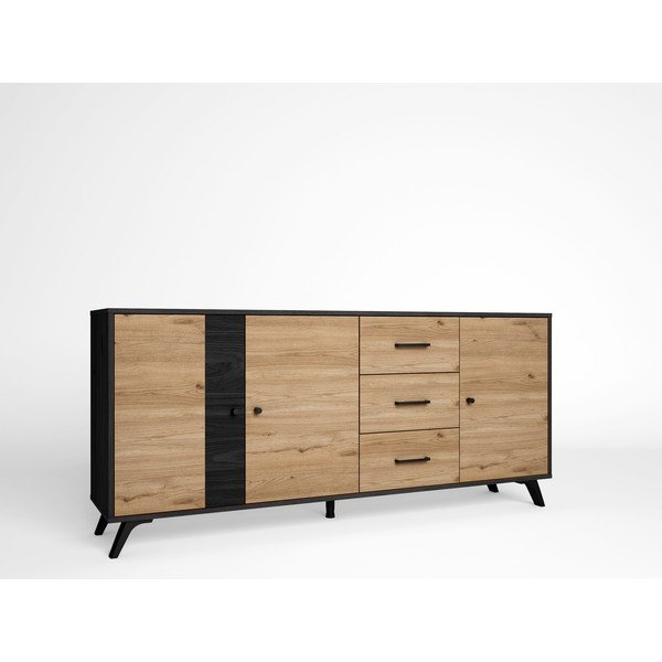 Fekete-natúr színű alacsony komód tölgyfa dekorral 181x81 cm Bocami – Marckeric-image-2
