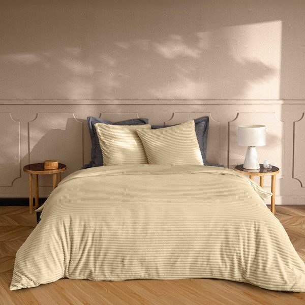 Bézs kétszemélyes-hosszabbított háromrészes flanel ágyneműhuzat 240x220 cm Veloutea – douceur d'intérieur-image-1