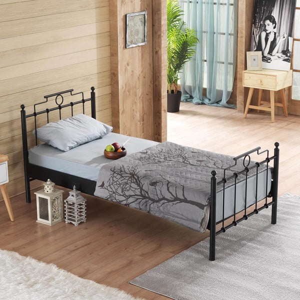 Fekete fém egyszemélyes ágy ágyráccsal 90x200 cm Hatkus – Kalune Design-image-3