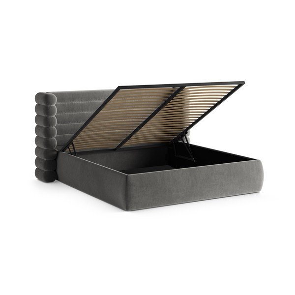 Szürke kárpitozott ágyneműtartós franciaágy ágyráccsal 200x200 cm Mount – Micadoni -image-2