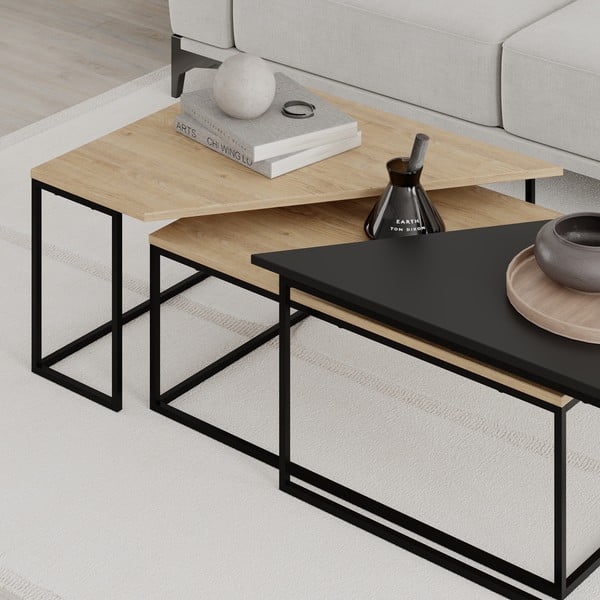 Natúr színű dohányzóasztal szett tölgyfa dekoros asztallappal, 3 db-os 70x110 cm Titan – Marckeric-image-4