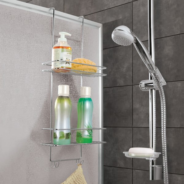 Fényes ezüstszínű függő öntapadós acél fürdőszobai polc Luxy – Metaltex-image-1