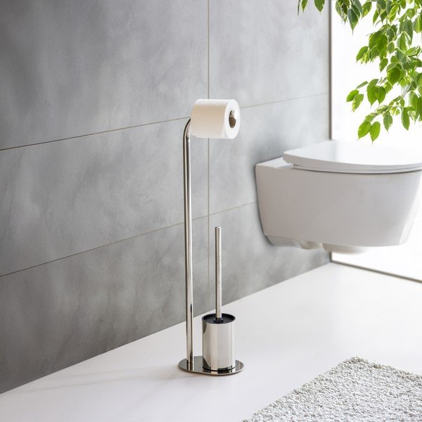 Fényes ezüstszínű rozsdamentes acél WC-papír tartó állvány WC-kefével Levante – Wenko-image-2
