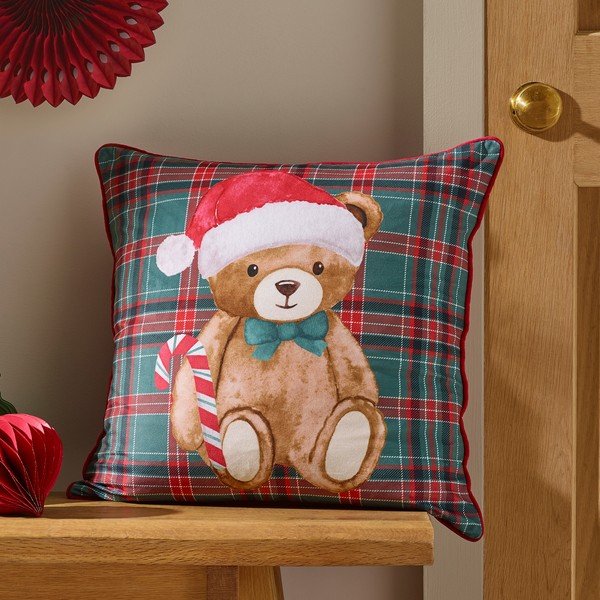 Díszpárna karácsonyi mintával 45x45 cm Christmas Tartan Teddy Bear – Catherine Lansfield-image-1