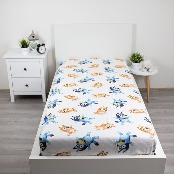 Fehér gumis egyszemélyes pamut gyerek lepedő 90x200 cm Bluey – Jerry Fabrics-image-1