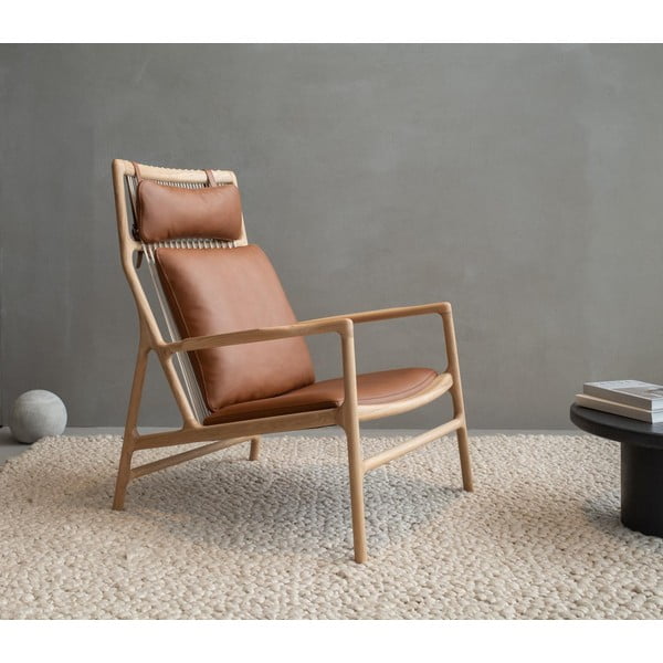 Dedo fotel tömör tölgyfa lábakkal, konyakbarna bivalybőr ülőpárnával - Gazzda-image-2