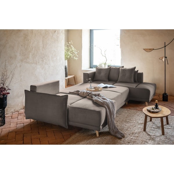 Világosbarna kordbársony kinyitható sarokkanapé (jobb oldali-U alakú) Lazy Lukka – Miuform-image-4