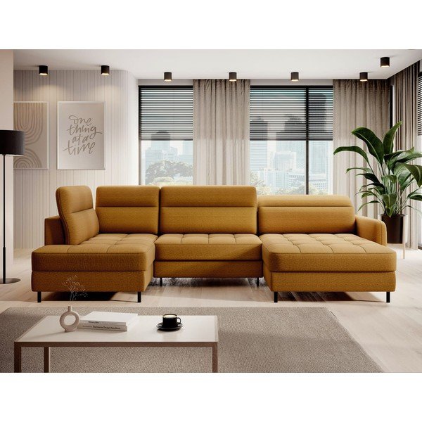 Sárga bársony kinyitható-tárolóhelyes sarokkanapé (bal oldali-U alakú) Berrto – ELTAP-image-1