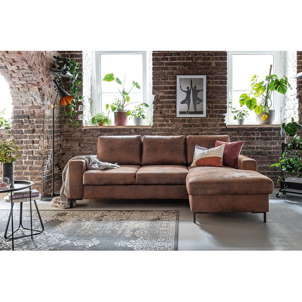 Lofty Lilly Vintage barna kinyitható bőrutánzat sarokkanapé, jobb oldali - Miuform-image-4