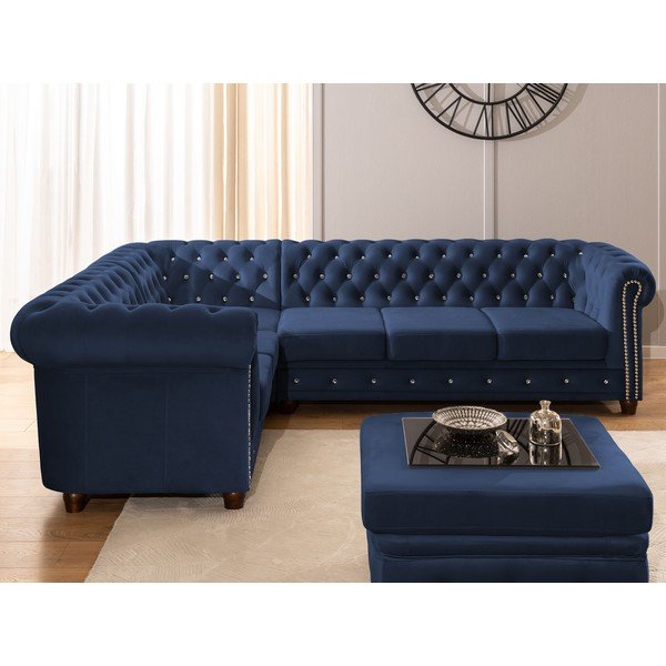 Kék bársony kinyitható sarokkanapé (bal oldali-L alakú) York Blik – Ropez-image-4