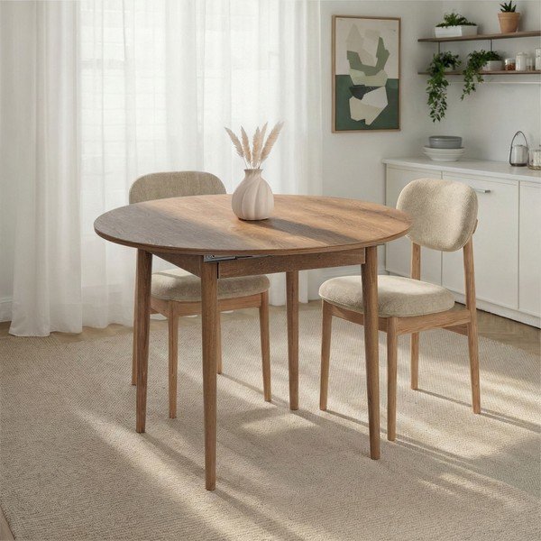 Kerek bővíthető étkezőasztal hosszabbító asztallappal tölgyfa dekorral ø 100 cm Viona – Kalune Design-image-2