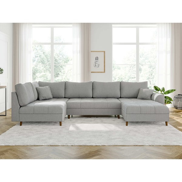 Világosszürke kordbársony sarokkanapé (jobb oldali-U alakú) Ariella – Ropez-image-1