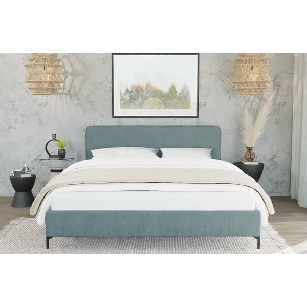 Világoskék kárpitozott franciaágy ágyráccsal 160x200 cm Barker – Ropez-image-3