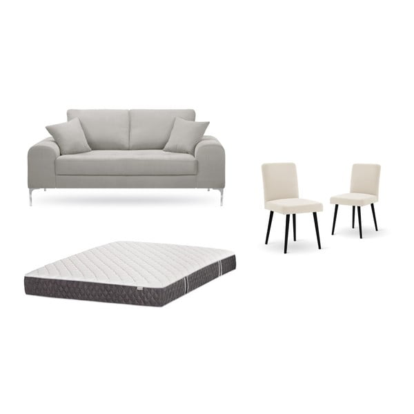 Világosszürke, kétszemélyes kanapé, 2 db krémszínű szék, matrac (140 x 200 cm) szett - Home Essentials