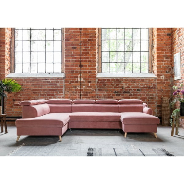 Világos rózsaszín bársony kinyitható sarokkanapé (bal oldali-"U" alakú) Sweet Harmony – Miuform-image-1