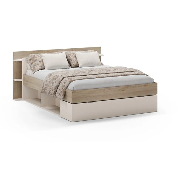 Fehér-natúr színű ágyneműtartós franciaágy ágyrács nélkül, tölgyfa dekorral  140x190 cm Albo – Marckeric