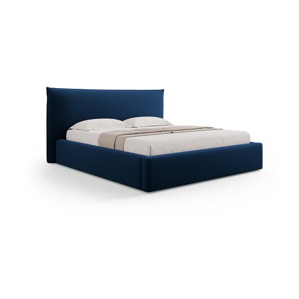Sötétkék kárpitozott ágyneműtartós franciaágy ágyráccsal 160x200 cm Elio – Milo Casa-image-4