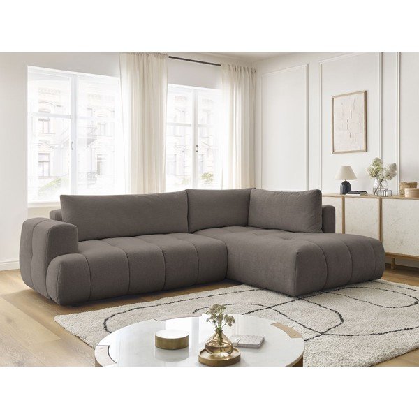 Szürkésbarna kinyitható-tárolóhelyes sarokkanapé (jobb oldali-L alakú) Fuji – Bobochic Paris-image-1