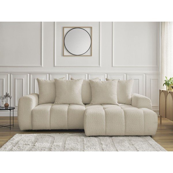 Bézs buklé kinyitható-tárolóhelyes sarokkanapé (jobb oldali-heverő résszel) Roxelane – Bobochic Paris-image-1