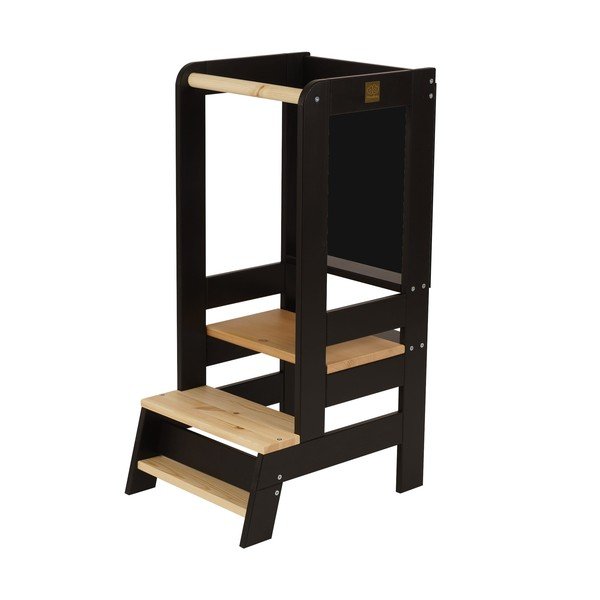 Fekete-natúr színű borovi fenyő tanulótorony Montessori – Meowbaby