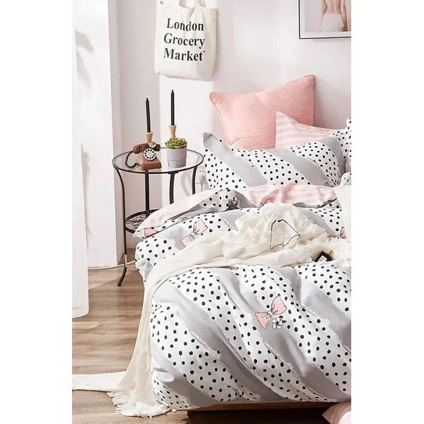 Fehér-rózsaszín háromrészes egyszemélyes hosszabbított pamut ágyneműhuzat lepedővel 160x220 cm Bow and Polka-Dot – Mila Home-image-3