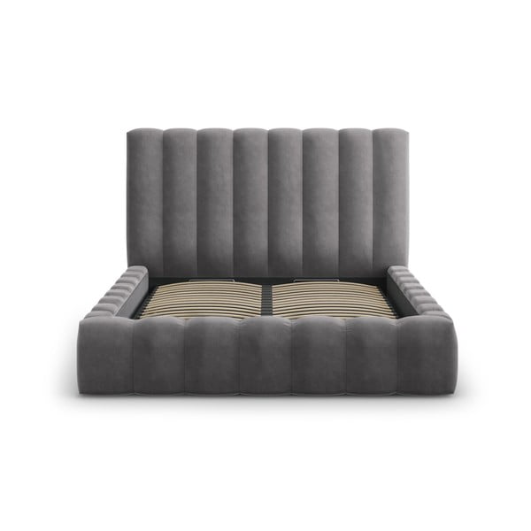Szürke kárpitozott franciaágy tárolóhellyel, ágyráccsal 200x200 cm Kelp – Micadoni Home-image-2