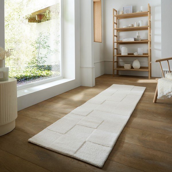 Elefántcsont színű kézi szövésű gyapjú futószőnyeg 60x230 cm Checkerboard – Flair Rugs-image-1