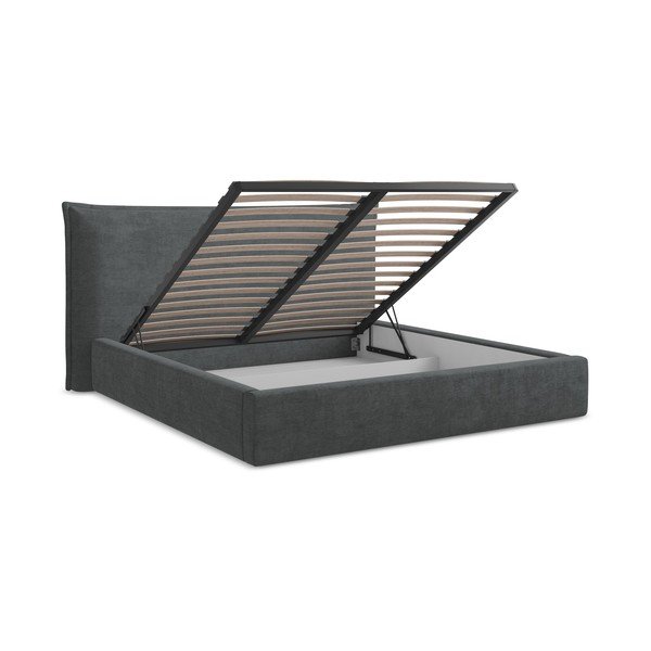 Sötétszürke kárpitozott ágyneműtartós franciaágy ágyráccsal 180x200 cm Esala – Makamii-image-3