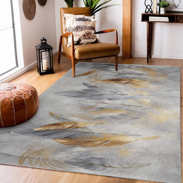 Szürke-aranyszínű mosható szőnyeg 120x180 cm Golden Feathers – Mila Home-image-1