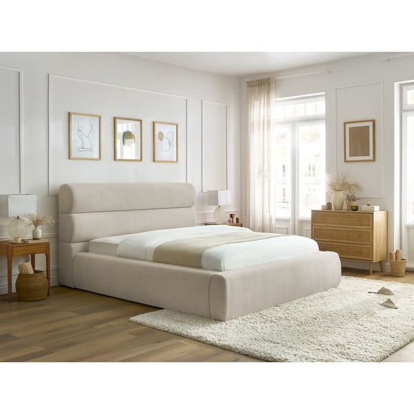 Bézs kárpitozott franciaágy tárolóhellyel, ágyráccsal 160x200 cm Jagna – Bobochic Paris-image-3